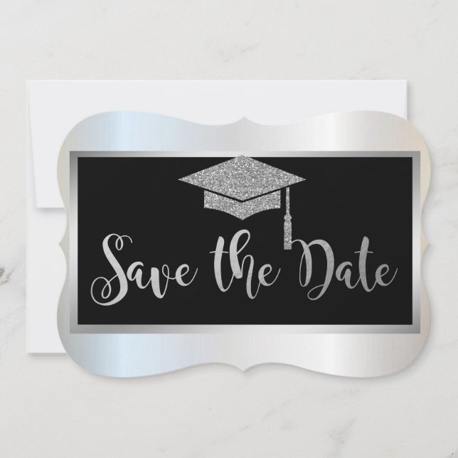 Elegant Silver Glitter Graduation Save The Date (Front)