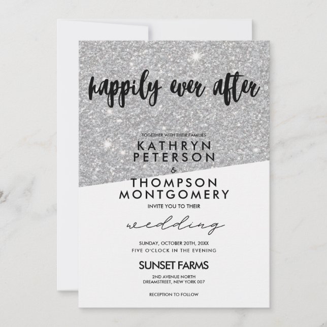 Elegant Silver Glitter Happily Ever After Wedding Invitation (Front)