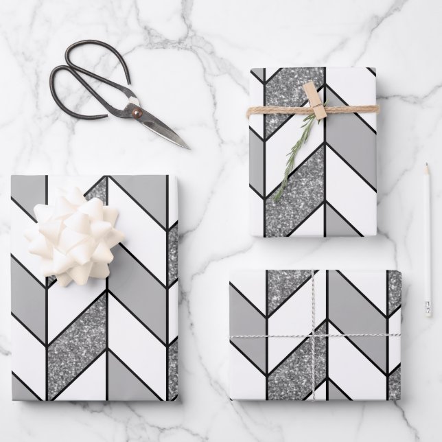 Elegant Silver Glitter Herringbone Chevron Pattern Wrapping Paper Sheet (Front)