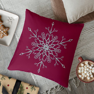 Elegant Silver Glitter Holiday Snowflake Burgundy Cushion