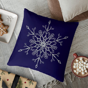 Elegant Silver Glitter Holiday Snowflake Navy Blue Cushion