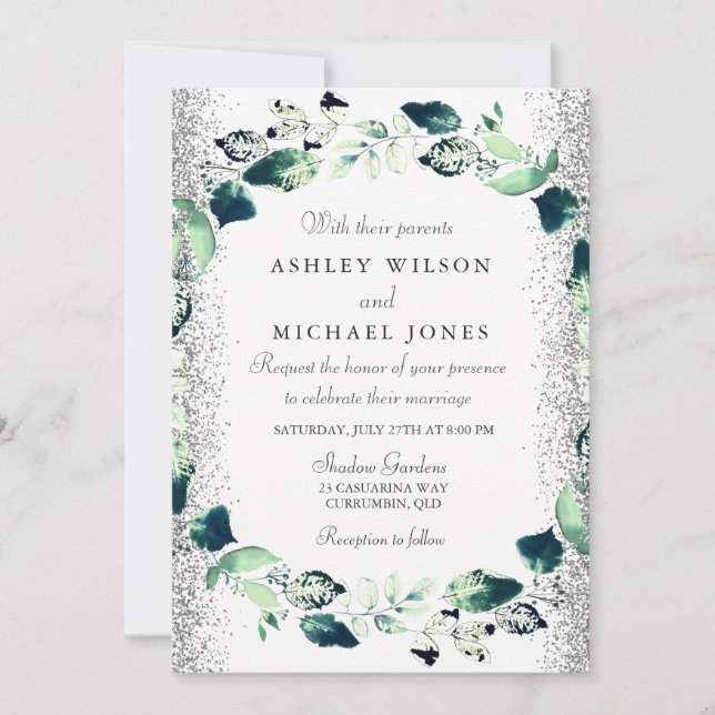 Elegant Silver Glitter Leaf Wreath Wedding Invite (Front)