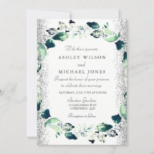 Elegant Silver Glitter Leaf Wreath Wedding Invite