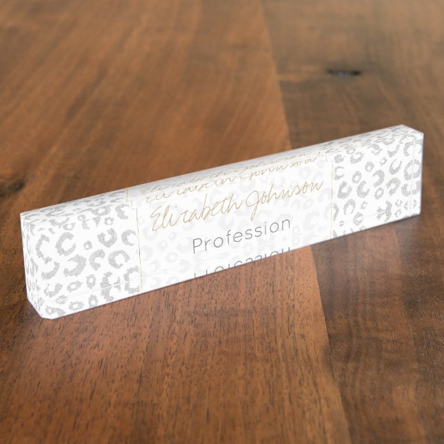 Elegant Silver Glitter Leopard Pattern Nameplate (Side)