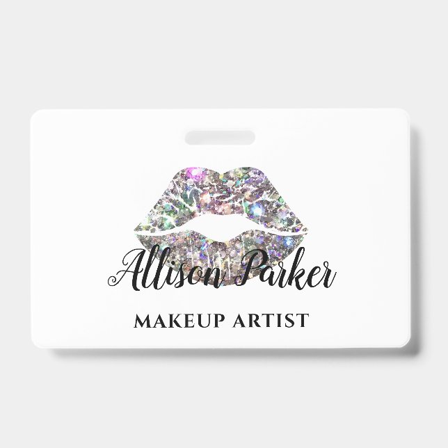 Elegant Silver Glitter Lips Makeup Artist  ID Badge (Front)