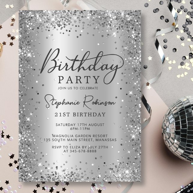 Elegant Silver Glitter Metal Foil 21st Birthday Invitation (Creator Uploaded)