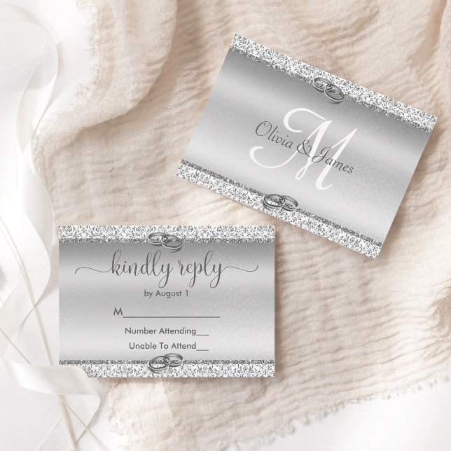Elegant Silver Glitter Monogram Wedding RSVP Card (Creator Uploaded)