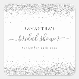 Elegant Silver Glitter Name Date Bridal Shower Square Sticker