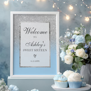 Elegant Silver glitter ombre Blue Sweet 16 Welcome Poster