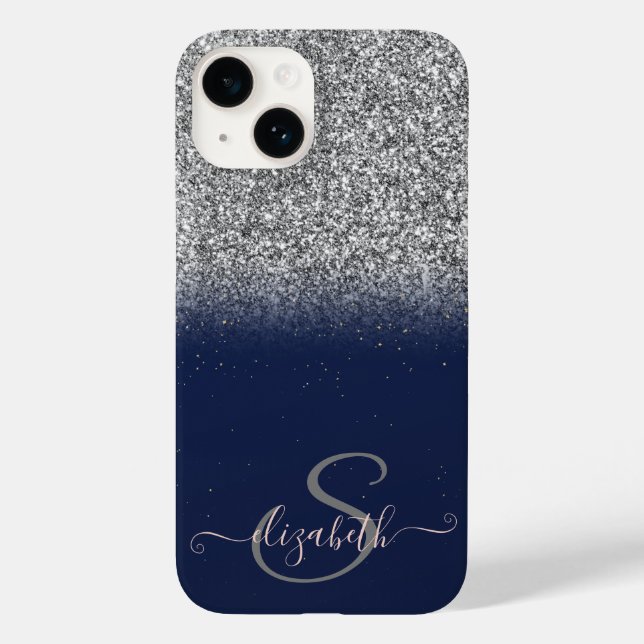 Elegant Silver Glitter Ombre,Navy Blue Monogram  Case-Mate iPhone Case (Back)