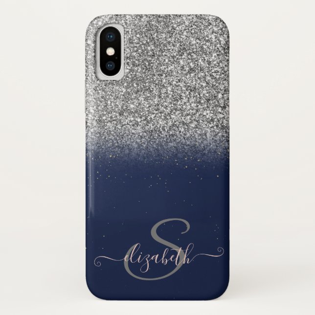 Elegant Silver Glitter Ombre,Navy Blue Monogram Case-Mate iPhone Case (Back)