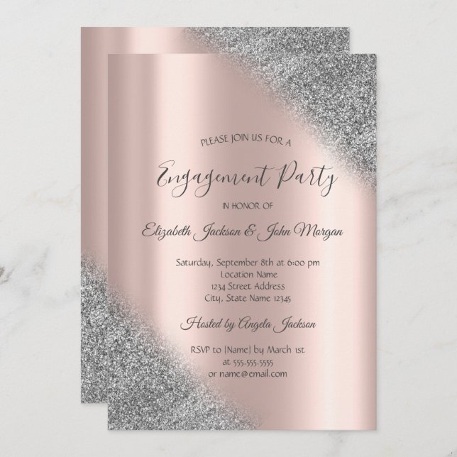 Elegant Silver Glitter Ombre Rose Gold Engagement  Invitation (Front/Back)
