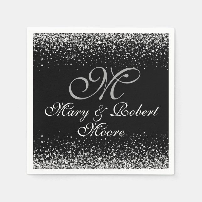 Elegant Silver Glitter on Black Napkin (Front)