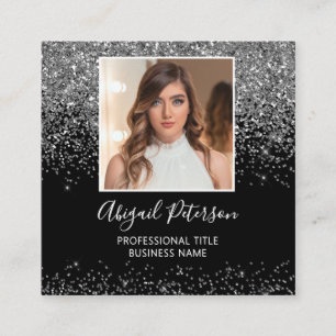 Elegant Silver Glitter Photo QR Code Black Square Business Card