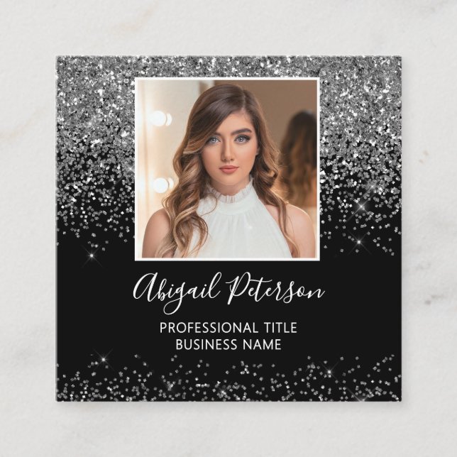 Elegant Silver Glitter Photo QR Code Black Square Business Card (Front)