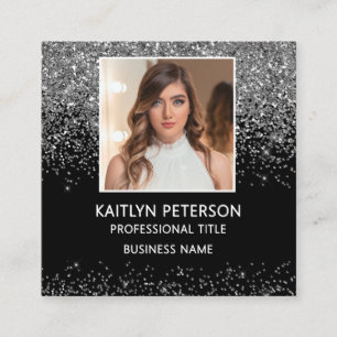 Elegant Silver Glitter Photo QR Code Black Square Business Card