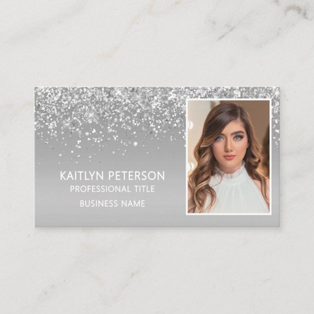 Elegant Silver Glitter Photo QR Code  Business Card (Front)