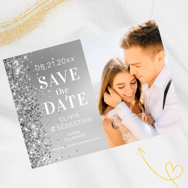 Elegant Silver Glitter Photo Wedding Save The Date (Creator Uploaded)