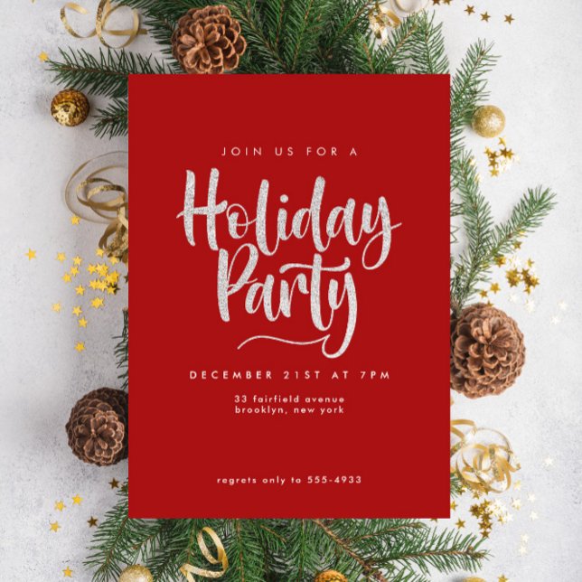 Elegant Silver Glitter Red Holiday Party Invitation (Creator Uploaded)