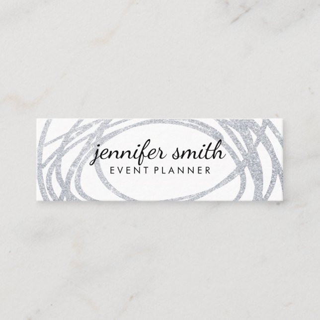 Elegant Silver Glitter Scribble Mini Business Card (Front)