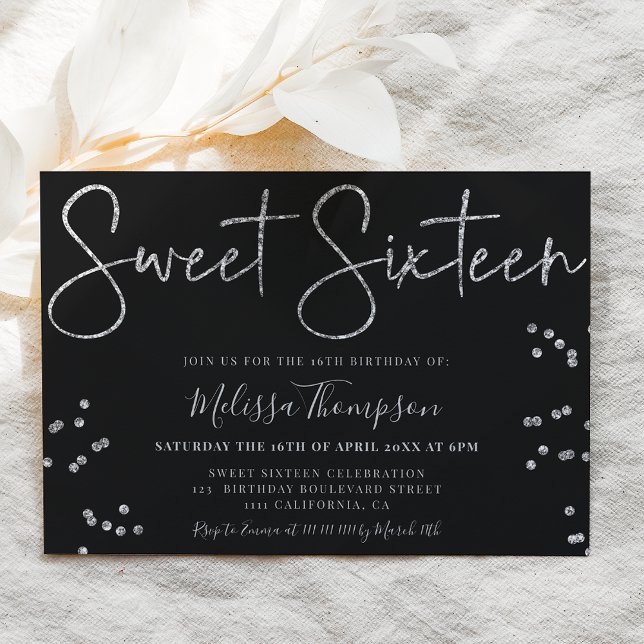 Elegant silver glitter script black Sweet 16 Invitation (Creator Uploaded)