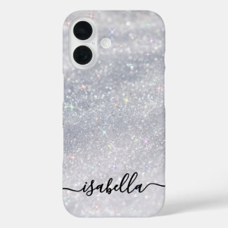 Elegant Silver Glitter Script | Custom Name iPhone 16 Case