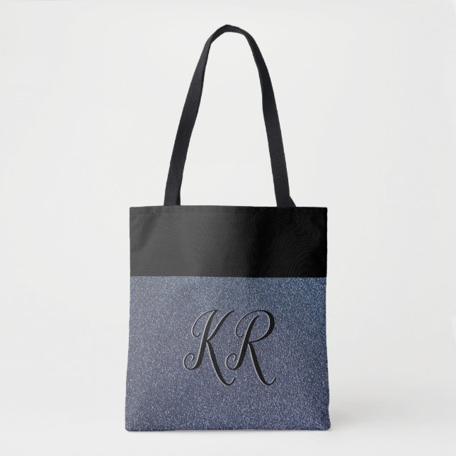 Elegant Silver Glitter (simulated) Black Monogram Tote Bag (Front)