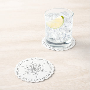 Elegant Silver Glitter Snowflake Merry Christmas Paper Coaster