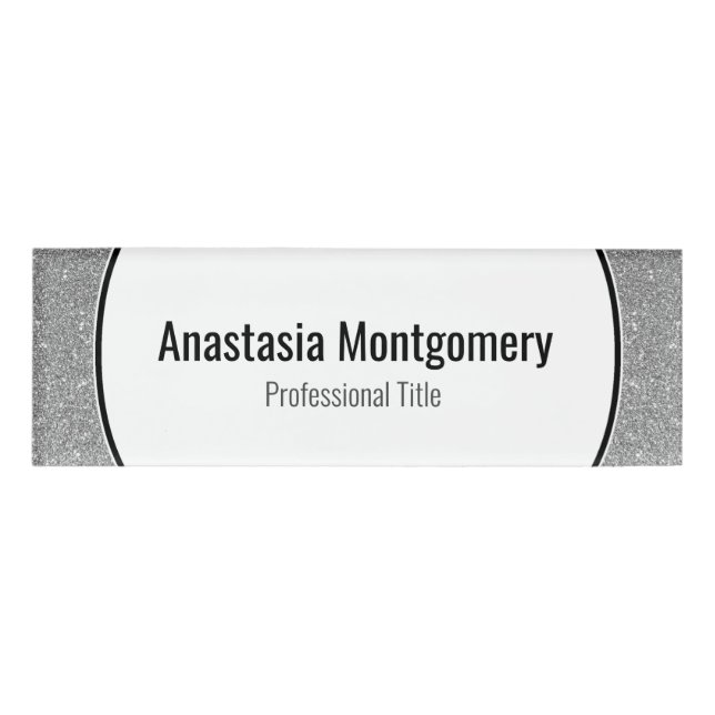 Elegant Silver Glitter Sparkles  Black Text Name Tag (Front)