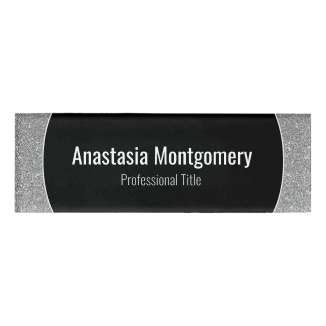 Elegant Silver Glitter Sparkles  White Text Name Tag (Front)