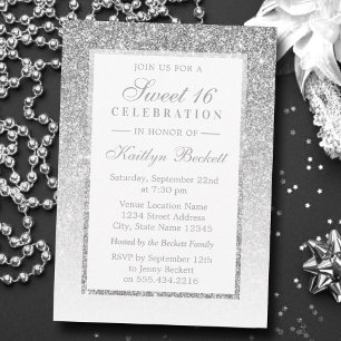 Elegant Silver Glitter Sweet 16 Birthday Invitation
