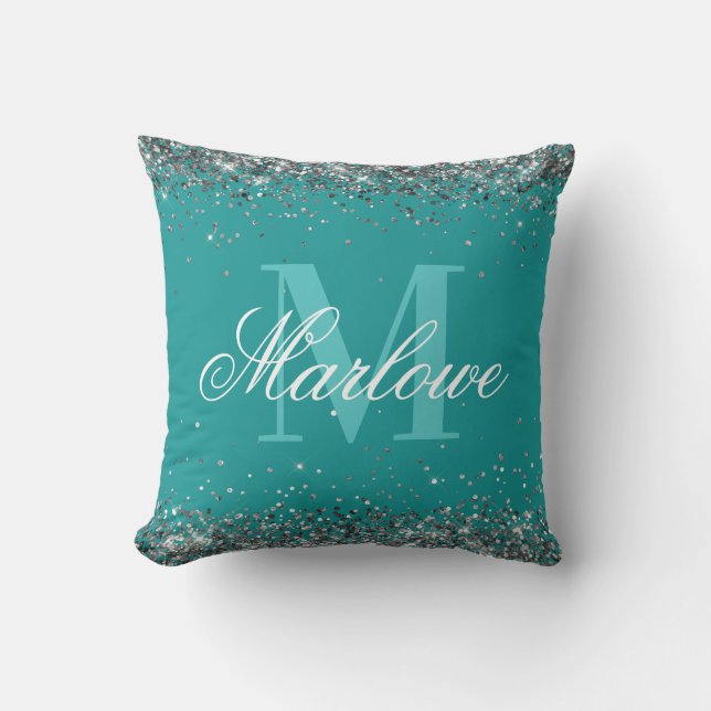 Elegant Silver Glitter Teal Blue Green Monogram Cushion (Front)