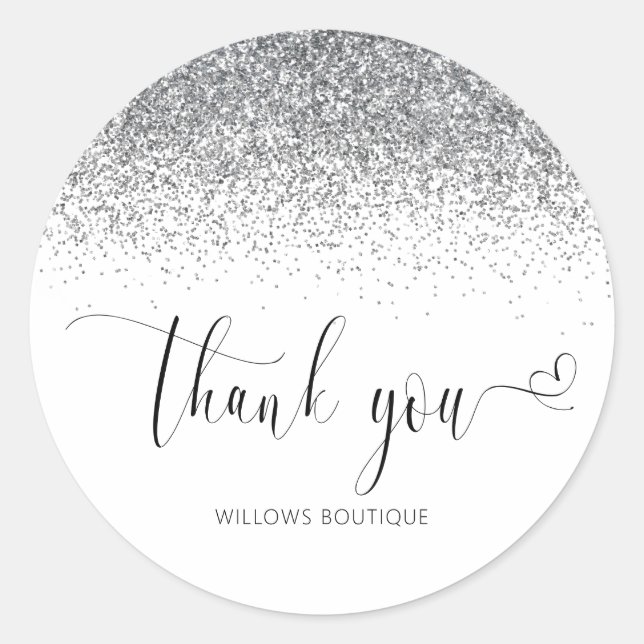 Elegant Silver Glitter Thank You Classic Round Sticker (Front)