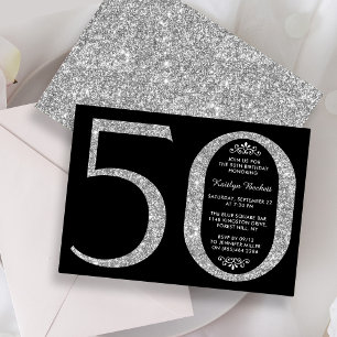 Elegant Silver Glitter Typography 50th Birthday Invitation