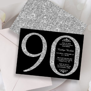 Elegant Silver Glitter Typography 90th Birthday Invitation