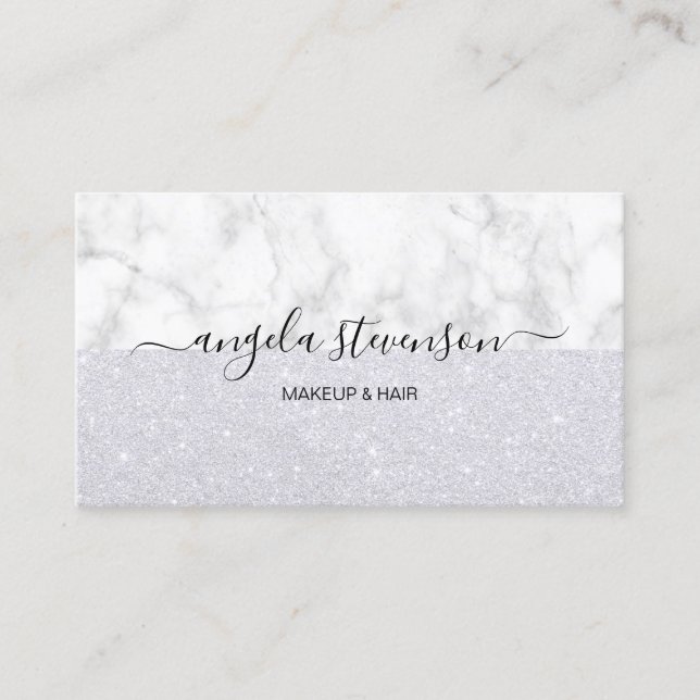 Elegant silver glitter white marble makeup & hair business card (Front)