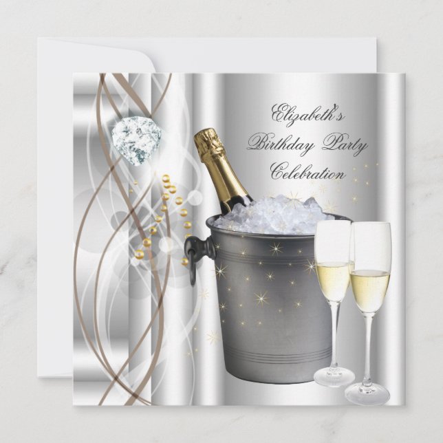 Elegant Silver Gold Champagne Birthday Party Invitation (Front)