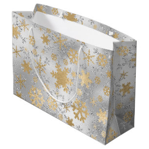 Elegant Silver Gold Christmas Snowflake Pattern Large Gift Bag