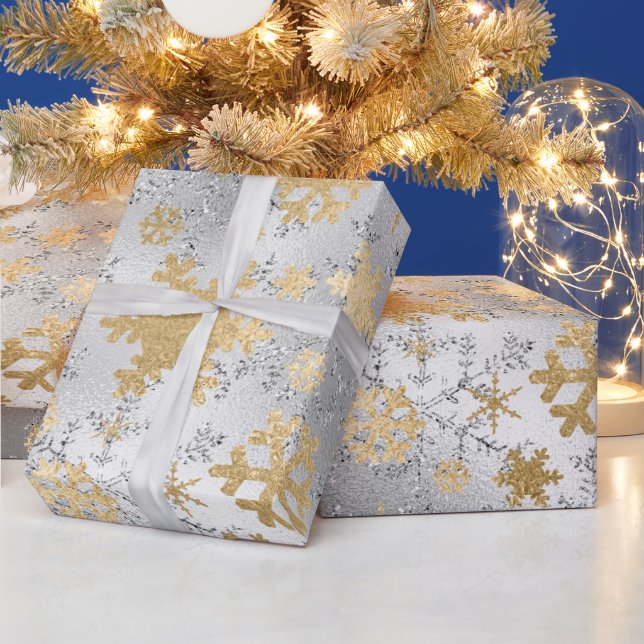 Elegant Silver Gold Christmas Snowflake Pattern Wrapping Paper (Holidays)