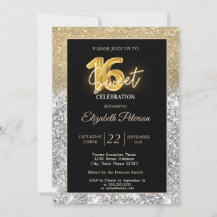 Elegant Silver Gold Glitter Bokeh Sweet 16 Invitation