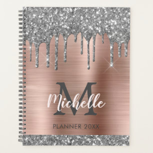 Elegant Silver Gold Glitter Drips Monogram 2022 Planner