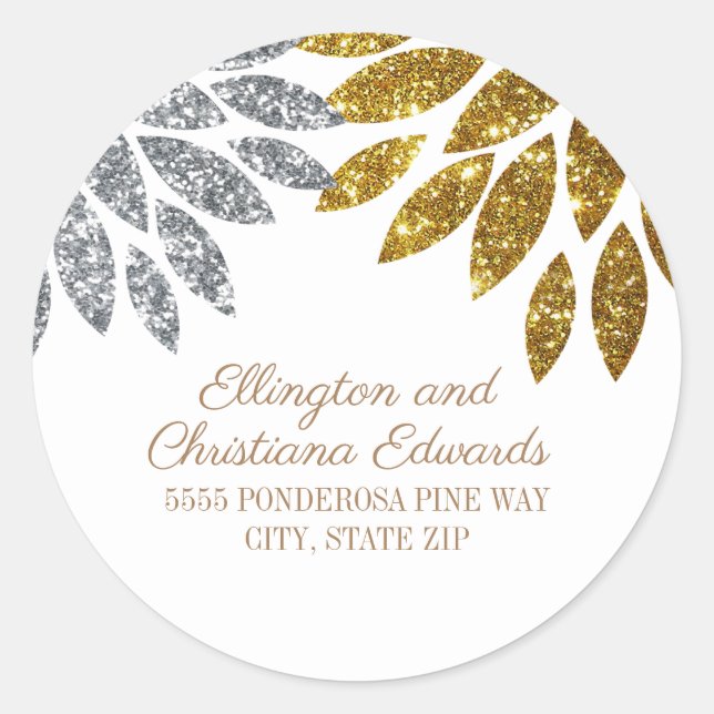 Elegant Silver Gold Glitter Floral White Christmas Classic Round Sticker (Front)