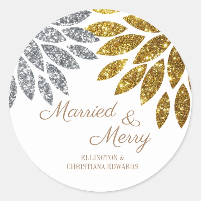 Elegant Silver Gold Glitter Floral White Christmas Classic Round Sticker (Front)