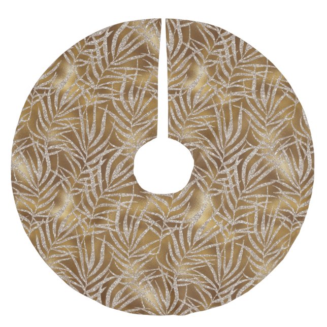 Elegant Silver Gold Glitter Winter Foliage Luxury Brushed Polyester Tree Skirt (Front)