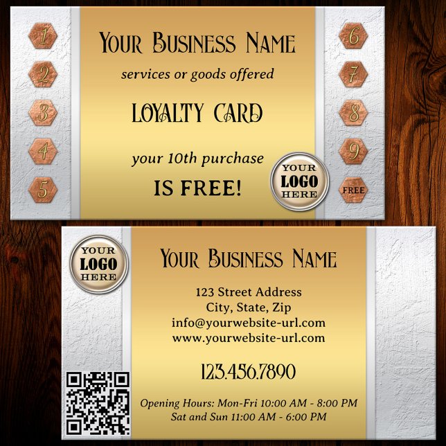 Elegant Silver Gold Loyalty Business Card (A modern chic loyalty business card featuring a gold image on silver with rose gold punch numbers)