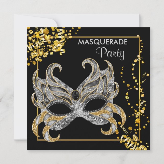 Elegant Silver Gold Masquerade Party Invitation (Front)