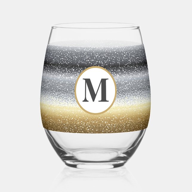 Elegant Silver Gold Personalised Monogram Stemless Wine Glass (Front)