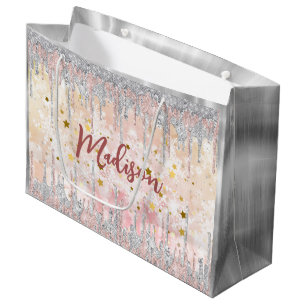 Elegant silver gold rose dripping glitter large gift bag