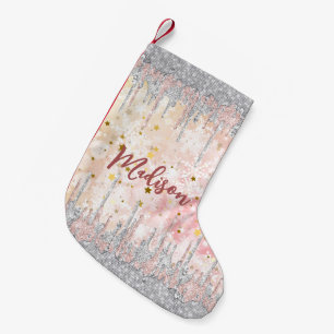 Elegant silver gold rose dripping glitter small christmas stocking