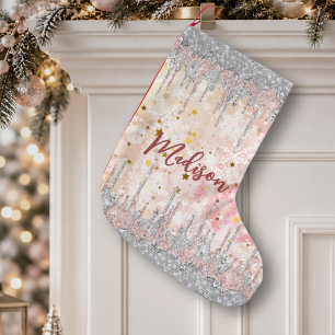 Elegant silver gold rose dripping glitter small christmas stocking